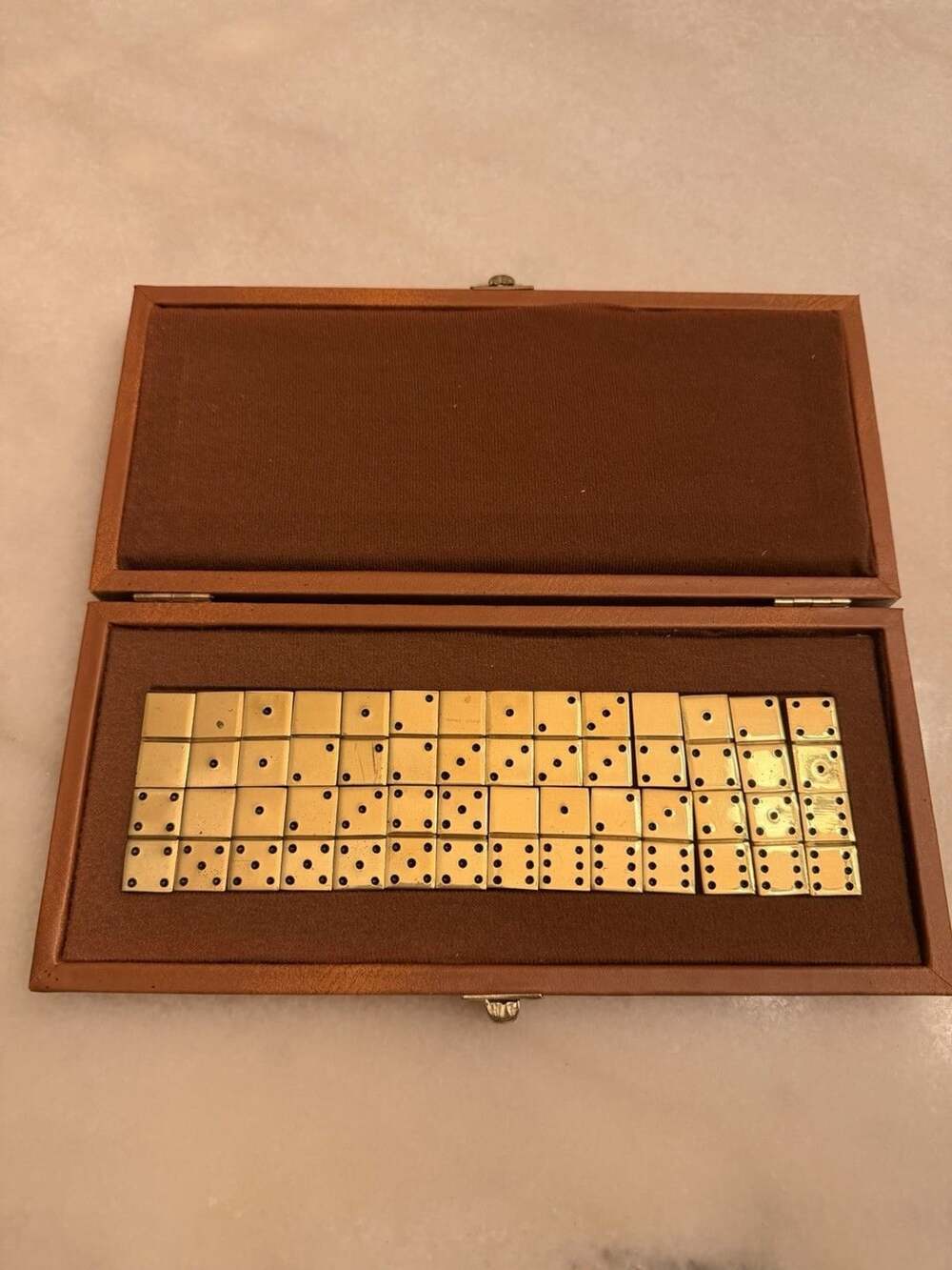 Vintage Mid-Century Solid Brass Double Six Dominoes Set(28) in FauxLeather Case